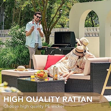 Devoko 5 Pieces Patio Furniture Sets All Weather Outdoor Sectional Patio Sofa Manual Weaving Wicker Rattan Patio Seating Sofas with Cushion and Glass Table(Beige) - Image 8