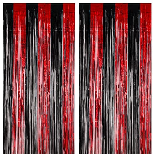 Voircoloria 2 Pack 3.3x8.2 Feet Red and Black Foil Fringe Backdrop Curtains, Tinsel Streamers Birthday Party Decorations, Fringe Backdrop for Graduation, Movie Night, Horror Party - Image 1