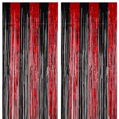 Voircoloria 2 Pack 3.3x8.2 Feet Red and Black Foil Fringe Backdrop Curtains, Tinsel Streamers Birthday Party Decorations, Fringe Backdrop for Graduation, Movie Night, Horror Party - Image 1