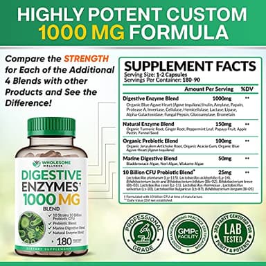 Wholesome Wellness Digestive Enzymes 1000MG Plus Prebiotics & Probiotics Supplement, 180 Capsules, Organic Plant-Based Vegan Formula for Digestion & Lactose with Amylase & Bromelain,3-6 Months Supply - Image 4