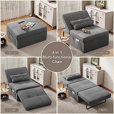 Aiho Sleeper Chair Bed 4 in 1 Sofa Bed, Assembly-Free Folding Ottoman with Adjustable Backrest and Pillow, Modern Breathable Linen Convertible Chair for Living Room Apartment Office, Dark Grey - Image 3