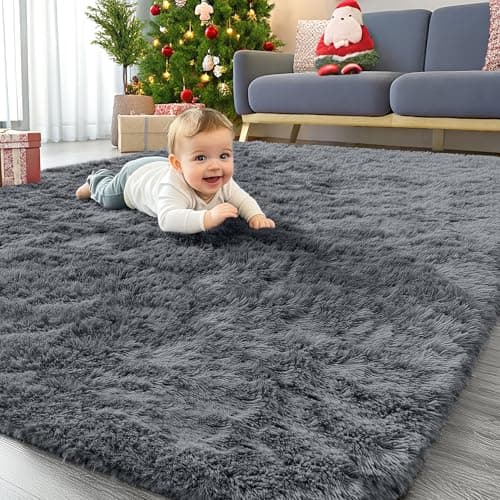 OLANLY Area Rugs for Living Room Bedroom, Machine Washable 4x5.9 ft Soft Fluffy Shaggy Bedside Rug, Indoor Floor Carpet for Kids Girls and Boys, Dorms, Nursery Rooms, Home Decor Aesthetic, Grey - Image 1