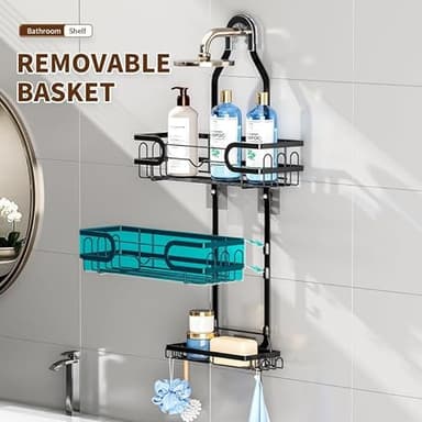Tonswachic Bathroom Hanging Shower Organizer,Large Hanging Shower Caddy with Hooks for Razor and Sponge Rustproof,Over The Shower Head Caddy with Soap Basket - Black, SC001A - Image 7