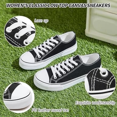 Adokoo Canvas Tennis Shoes for Women Low Top Casual White Black Sneakers for Women Lace Up Fashion Comfortable Walking Shoes (Black,8) - Image 3