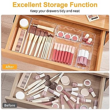 SMARTAKE 13-Piece Drawer Organizers with Non-Slip Silicone Pads, 5-Size Desk Bathroom Drawer Organizer Trays Storage Tray for Makeup, Jewelries, Utensils in Bedroom Dresser, Office and Kitchen, Clear - Image 4