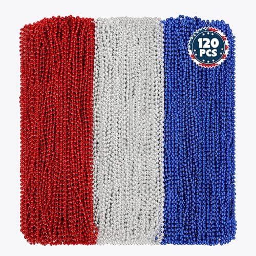 Huskein 120 PCS 4th of July Necklace, 33" Red Silver Blue Metallic Beaded Necklaces, Independence Day Party Accessories Patriotic Bead Necklace for Memorial Day Fourth of July Parades Party Supplies - Image 1