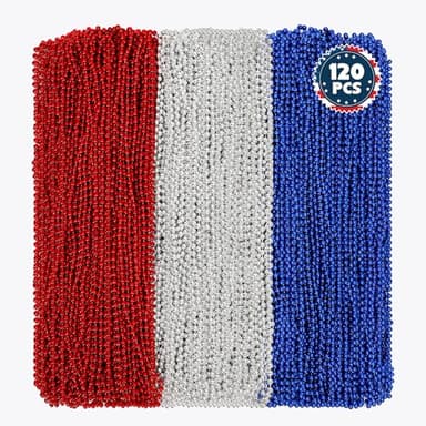 Huskein 120 PCS 4th of July Necklace, 33" Red Silver Blue Metallic Beaded Necklaces, Independence Day Party Accessories Patriotic Bead Necklace for Memorial Day Fourth of July Parades Party Supplies - Image 1