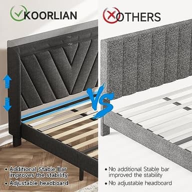 koorlian Queen Bed Frame with Headboard, Adjustable Upholstered Platform Bed Frame with Type-C&USB Ports, Wingback Storage Headboard, Solid Wood Slats Support, No Box Spring Needed, Dark Gray - Image 5