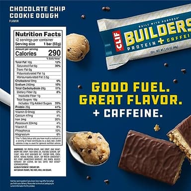 CLIF BUILDERS + Caffeine Protein Bars - Chocolate Chip Cookie Dough Flavor - 20g Plant Based Protein - Gluten Free - Non-GMO - Low Glycemic - No Artificial Sweeteners - 2.4 oz. (12 Pack) - Image 2