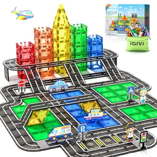 IGIVI 104 PCS Magnetic Tiles Road Set, STEM Construction Toys for Kids Ages 3-5 5-7 4-8, Magnet Building Blocks for Toddler Toys Games, Christmas Birthday Gifts for 3+ Year Old Boys Girls - Image 1