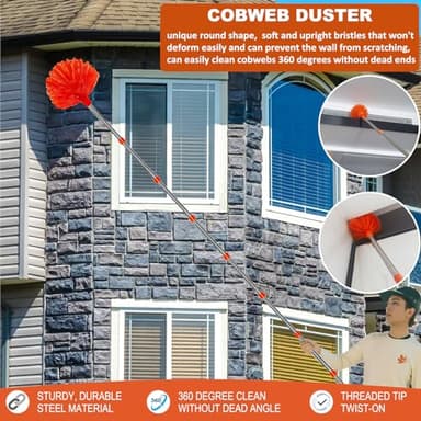 20+ Feet High Reach Duster Kit with 3-14 ft Extension Pole High Ceiling Dusting and Window Cleaning Kit with Spliceable Pole - Window Washer & Squeegee, Cobweb Duster, Fan Blade and Feather Dusters - Image 5