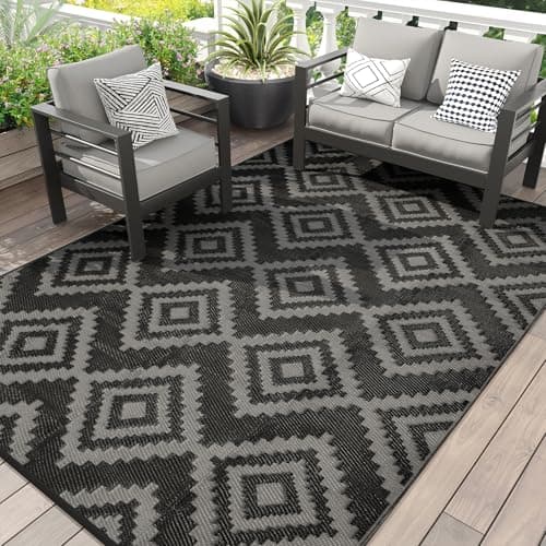 Outdoor Plastic Straw Rug - 5x8 ft Waterproof Patio Rug Clearance, Reversible Outdoor Carpet for RV, Camping, Deck, Balcony, Porch, Picnic, Backyard (Black & Grey) - Image 1