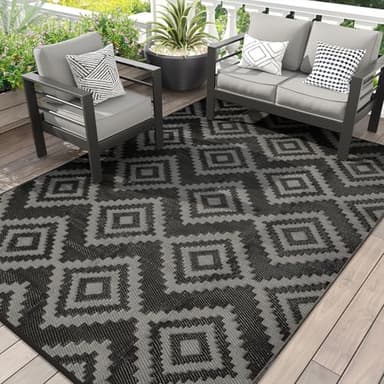 Outdoor Plastic Straw Rug - 5x8 ft Waterproof Patio Rug Clearance, Reversible Outdoor Carpet for RV, Camping, Deck, Balcony, Porch, Picnic, Backyard (Black & Grey) - Image 1