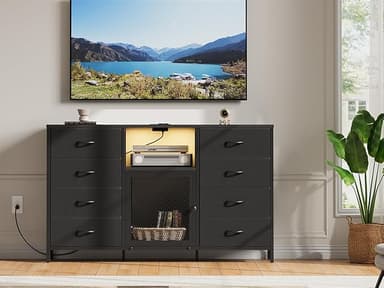 𝟓𝟑-𝐈𝐧𝐜𝐡 Dresser TV Stand for Bedroom for TV with LED Lights and Charging Station, Fabric Chest of Drawers, 8 Fabric Drawers, Wood Top, Living Room, Closet Black - Image 1