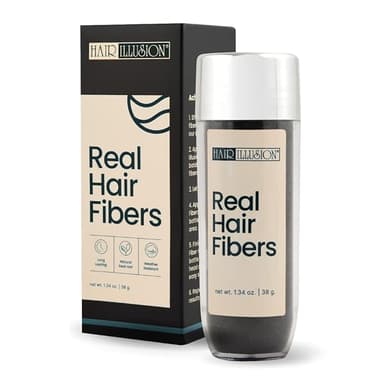 Hair Illusion Black Real Hair Fibers for Thinning Hair - 100% Natural Texture, Non Synthetic Hair Fibers - Bald Spot Cover Up for Women & Men - 38 Gram - Image 1