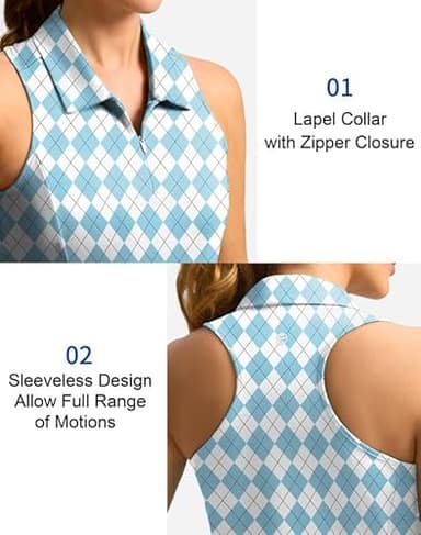 Women's Sleeveless Golf Shirt Zip Up Quick Dry Collared Tank Tops Racerback Tennis Athletic Polo Shirts for Women(Blue Plaid,XXL) - Image 4