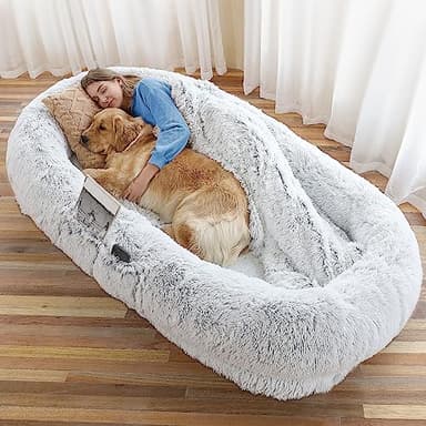 WROS Human Dog Bed - 71"x45"x12" Fits You & Pets, Washable Faux Fur, Orthopedic, Plump Pillow, Blanket, Strap - Grey - Image 1