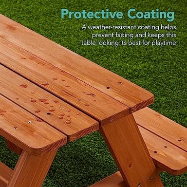 Best Choice Products Kids Wooden Picnic Table, Outdoor Activity & Dining Table w/Adjustable Collapsible Umbrella, Built-in Seats - Golden Brown/Navy - Image 6