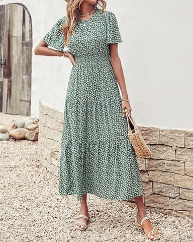 PRETTYGARDEN Women's Summer Casual Short Flutter Sleeve Round Neck Smocked Waist Tiered Boho Floral Flowy Maxi Dress(Leaves Green,XX-Large) - Image 4