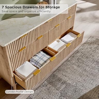 T4TREAM Fluted 7 Drawers Dresser, 54" Wide Modern Chest of Drawers with Faux Marble Top, Curved Profile Design, Dresser TV Stand, Wood Drawer Organizer for Bedroom, Living Room, Hallway, Natural Oak - Image 5