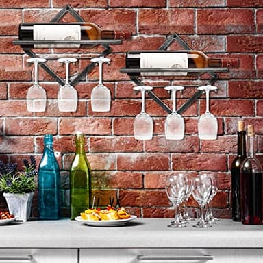 AUHOKY 2Pcs Metal Wall Mounted Wine Holder Stemware Glass Rack, Vintage Silver Hanging Red Wine Racks Organizer with 3 Stem Glass Holders, Wine Bottle Display Hanger for Home Kitchen Bar Decor - Image 4
