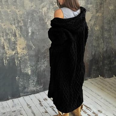 NIUBIA Womens Casual Long Sleeve Open Cardigan Warm Hooded Outwear Coat Cable Knit Long Cardigan Sweaters with Pockets Dark Black - Image 3