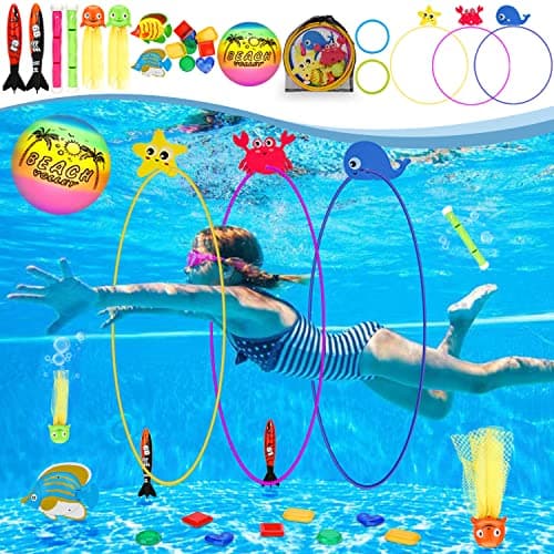DAUXONE Diving Toys, 27 Pcs Pool Toys with Swim Thru Rings for Kids Age 3-12, Dive Sticks, Rings, Gem, Octopus, Torpedo, Mesh Bag Include - Image 1