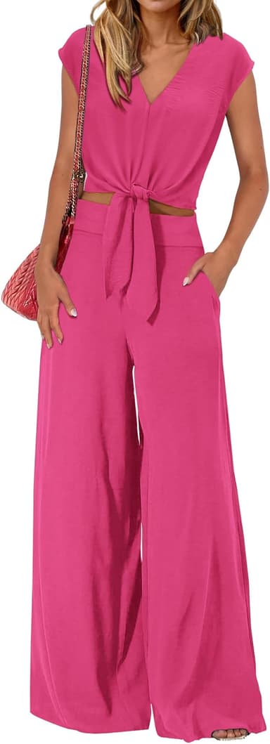 PRETTYGARDEN Women's Summer 2 Piece Outfits 2025 Cap Sleeve V Neck Belted Crop Tops Wide Leg Pant Sets Casual Tracksuit - Image 1