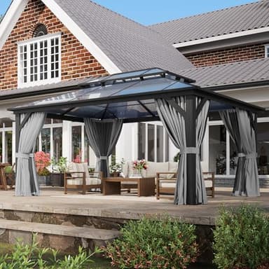 Aoxun 12'x16' Hardtop Gazebo, Aluminum Frame Permanent Pavilion with Curtains and Netting, Outdoor Polycarbonate Double Roof Canopy, Designed for Garden, Lawns, Patio - Image 1