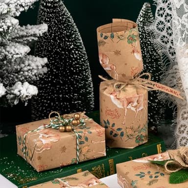 WRAPAHOLIC Kraft Christmas Wrapping Paper - Mini Roll - 17 Inch x 33 Feet - Reindeer Wrapping Paper with Holly Design for Christmas, Holiday, Party Celebration - Image 6