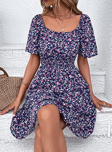 PRETTYGARDEN Women's 2025 Floral Summer Short Dress Square Neck Short Sleeve Tiered Ruffle Boho Swing Dresses (Blue Purple Floral,Medium) - Image 2