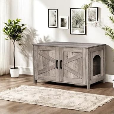 Homhedy Cat Litter Box Enclosure, Wooden Cat Washroom Furniture with Barn Door, Pet House, Fit Most of Litter Box, Greige - Image 3