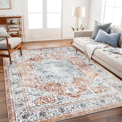 CHAMPLANT Area Rug 6x9 Washable Rug Tangerine Vintage Traditional Floor Cover Thin Retro Kitchen Indoor Distressed Non Slip Carpet Floral Print Mat Living Room Bedroom Dining Room - Image 1