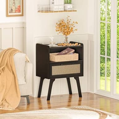 Lerliuo Rattan Nightstands Set of 2, Bedside Table with Drawer Open Shelf, Cane Accent Side End Table with Solid Wood Legs, Black Mid Century Night Stand for Bedroom, Dorm and Small Spaces - Image 6