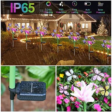 Aukora Solar Garden Lights Outdoor Waterproof, A Heart-Shaped Garland Design with Artificial Butterflies ＆ Flowers, 7 Color Changing LED Beads for Patio Yard Wedding Decor, Gifts for Women (2-Pack) - Image 2