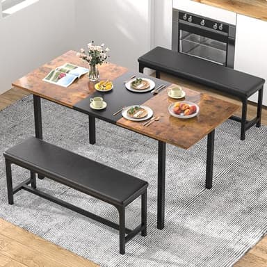 VECELO 3-Piece 63" Extendable Kitchen Table with Benches/Chairs, Modern Breakfast Dinette/Dining Room Set for 4/6/2, Small Space Saving Design, Easy Assembly - Image 7