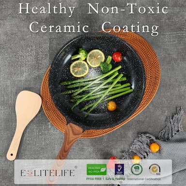 ESLITE LIFE Nonstick Ceramic Frying Pans Skillets Set with Lids, Non-Toxic Egg Omelette Kitchen Cooking Pans Compatible with All Stovetops (Gas, Electric & Induction), PTFE & PFOA Free (Black) - Image 4