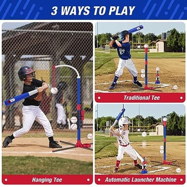 HYES 3-in-1 Baseball Set for Kids 3-5 - Tee Ball Stand, Hanging Tee, Ball Launcher and 6 Softballs - Adjustable Height, Indoor/Outdoor Sport Gifts for Boys Girls, Blue - Image 2