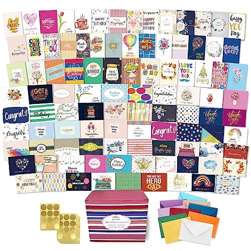 Janvale 100 All Occasion Cards Assortment Box with Color Envelopes，All Occasion Cards Set with Greeting Inside, Large 5 x 7 inch Cards with Stickers and Dividers - Image 1