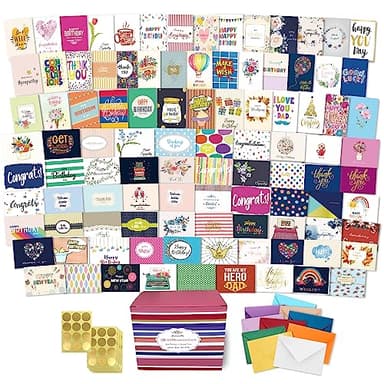 Janvale 100 All Occasion Cards Assortment Box with Color Envelopes，All Occasion Cards Set with Greeting Inside, Large 5 x 7 inch Cards with Stickers and Dividers - Image 1