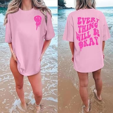 Womens Oversized Tshirt Graphic Tees Crew Neck Summer Short Sleeve Loose Fit Tops (A-Letter Print Pink, L) - Image 2