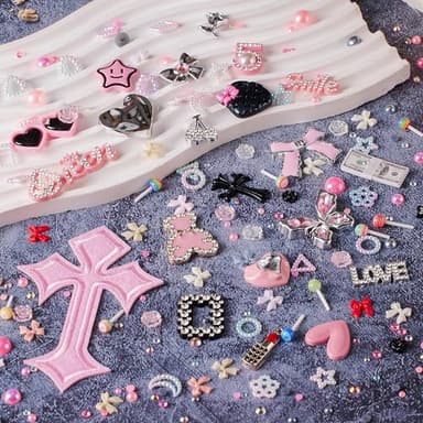 XHYMIA Junk Case Charms Kit, Junk Phone Case with Big Charms, Nail Bow Pearl Flatback Resin Charm for DIY Crafts Silver Pink - Image 5