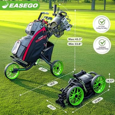 EASEGO Golf Push Cart 3 Wheel : Golf Bag Cart Foldable with Phone/Cup/Umbrella Holder Compact Golf Pull Carts Quick Fold Golf Caddy Push Carts with Large Wheelbase for Different Terrain (Lemon Green) - Image 9