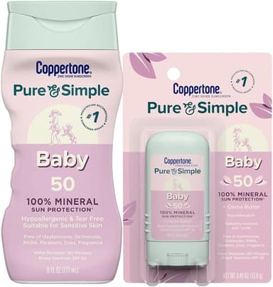 Coppertone Pure and Simple Baby Mineral Sunscreen Lotion SPF 50 (6 Fl Oz) + Baby Sunscreen Stick SPF 50 (0.49 Oz), Hypoallergenic and Fragrance Free - Image 2