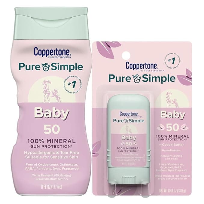 Coppertone Pure and Simple Baby Mineral Sunscreen Lotion SPF 50 (6 Fl Oz) + Baby Sunscreen Stick SPF 50 (0.49 Oz), Hypoallergenic and Fragrance Free - Image 1