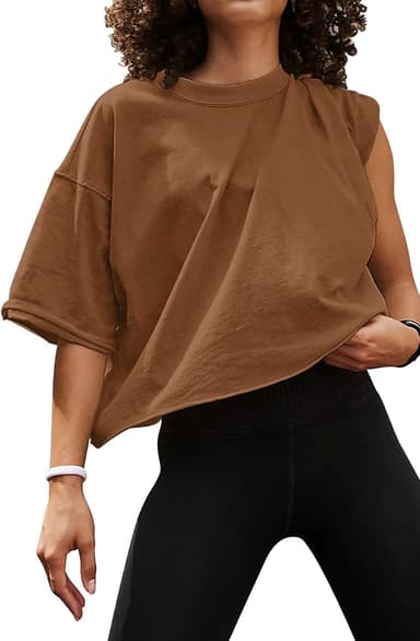Women's Oversize Workout Crop Tops Casual Short Sleeve Drop Shoulder Boxy T-Shirts Roll Hem Basic Loose Yoga Running Tees - Image 2