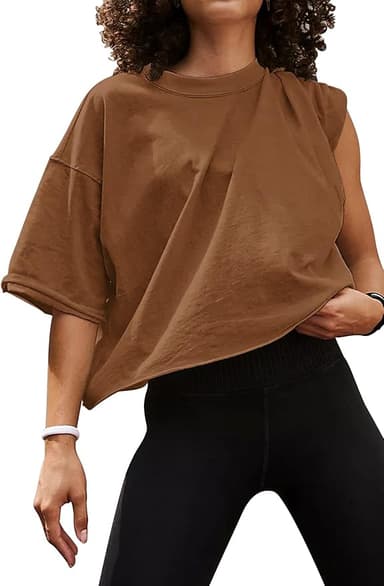 Women's Oversize Workout Crop Tops Casual Short Sleeve Drop Shoulder Boxy T-Shirts Roll Hem Basic Loose Yoga Running Tees - Image 1
