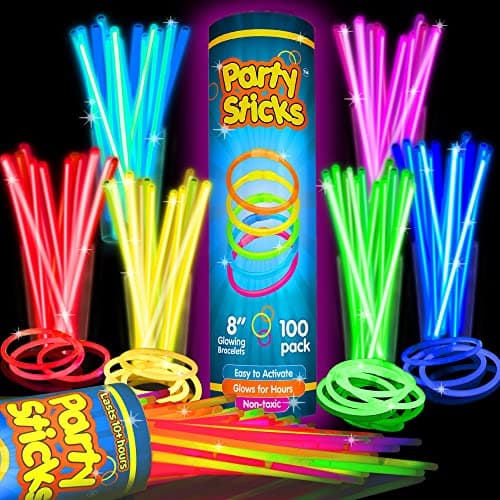 PartySticks Ultra Bright Glow Sticks Bulk Party Supplies 100 Pack - 8" Glow in the Dark Light Up Halloween Party Favors, Glow Decorations, Neon Party Necklaces and Bracelets with Connectors - Image 1