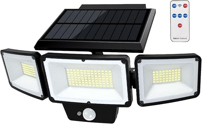 Solar Outdoor Lights with Remote Control, Motion Sensor, 3 Modes, 3 Heads LED Security Lights, IP65 Waterproof, Wide Angle - Image 1
