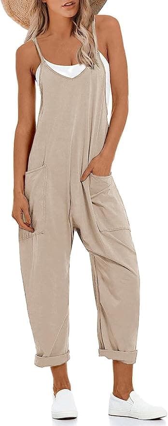 Muchpow Women's V Neck Sleeveless Jumpsuits Spaghetti Straps Harem Long Pants Overalls With Pockets - Image 1